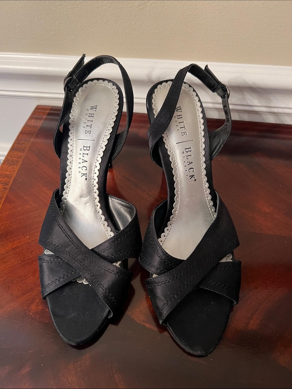 WHBM Black Satin Crisscross Slingback Heels 8.5m
